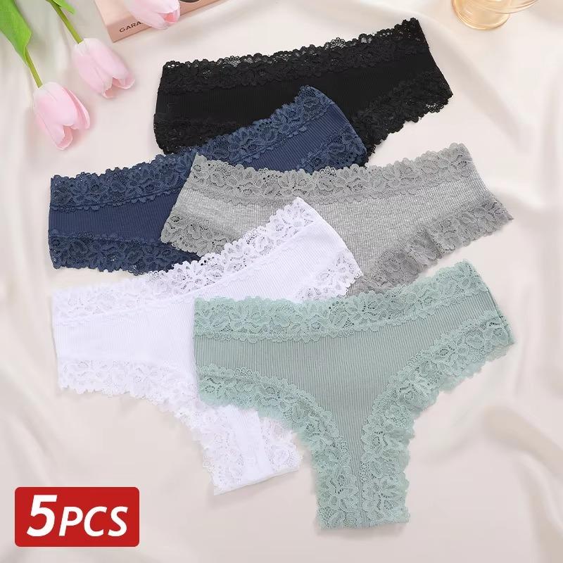 5PCS/Set Women Cotton Panties Sexy Lace Brazilian Panties Low Waist Elastic Thongs Female Comfortable Underwear Solid Color S-XL
