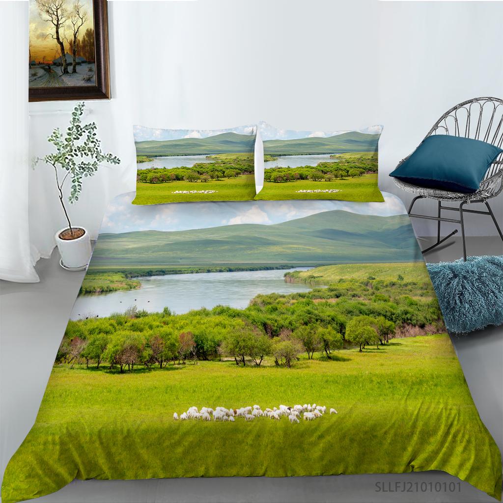 3D Forest Pattern Deluxe Home Bedding Set Full Size Quilt Cover and Pillowcase Landscape Print Washable and Comfortable Bedroom Bedding