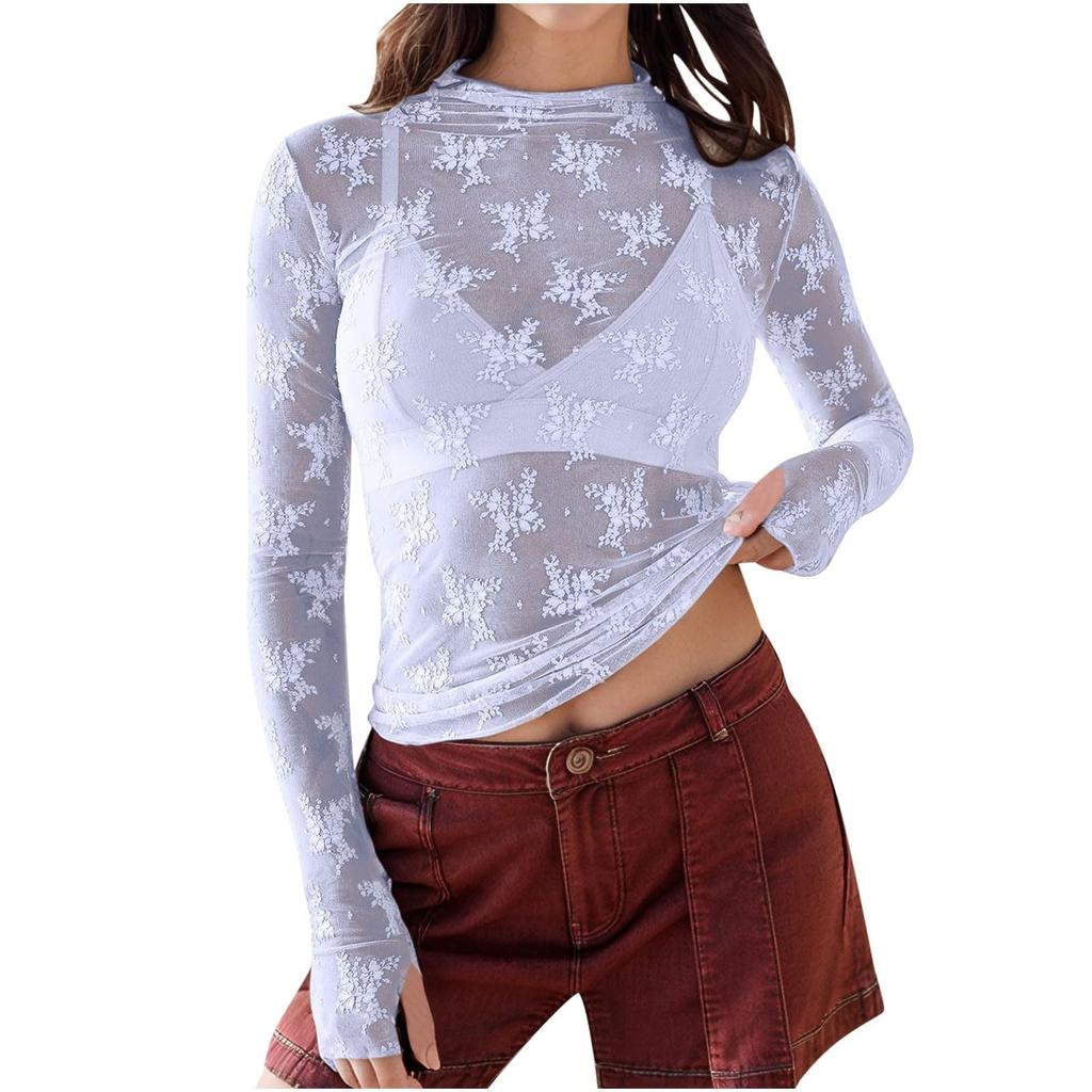 Прозрачные топы с длинным рукавом для женщин, сексуальные сетчатые рубашки, кружевные блузки с цветочной вышивкой и воротником-стойкой