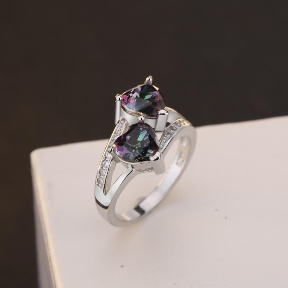 S925 Silver Plated Double Heart Zircon Rings for Women Colorful Sparkling Zirconia Ring Fashion Jewelry