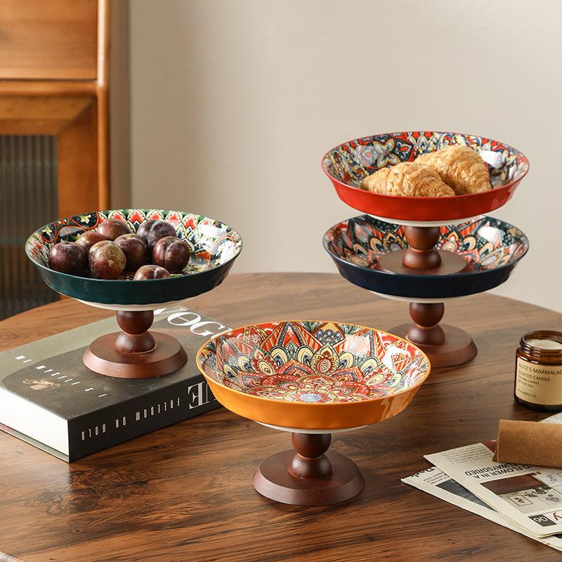 Bohemian Style Ceramic Fruit Plate Handmade Under Glaze Color High Foot Snack Dish for Living Room