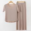 2Pcs/Set Women Pajamas Seamless Ice Silk Round Neck Short Sleeve Solid Color Elastic Waist Wide Leg Loose Soft Breathable Homewear Top Pants Set