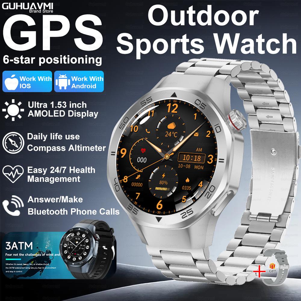 Новые умные часы с GPS-позиционированием для мужчин, 1,53-дюймовый AMOLED HD-экран, компас, датчик сердечного ритма, водонепроницаемость 3ATM, звонки, спортивные, деловые умные часы