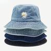 New INS Korean Daisy Embroidery Bucket Hat Women Men Panama  Summer Sun Hat Fashion Flower Bob Washed Denim Basin Cap Wholesale