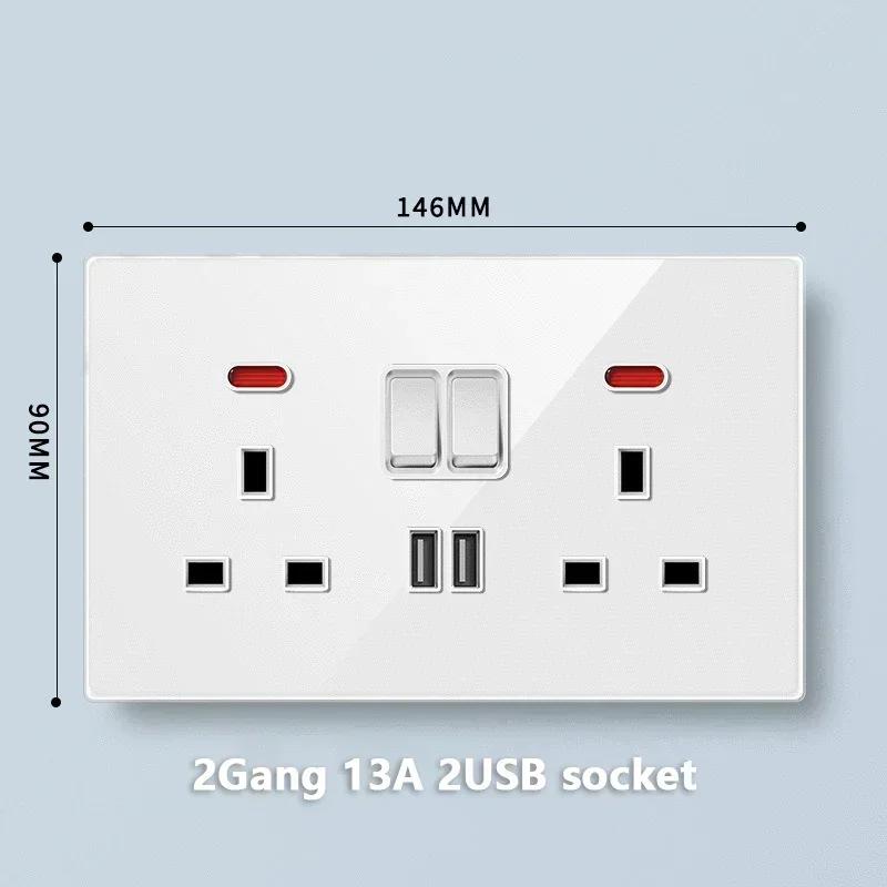 Universal Tempered Glass 20W Quick Charge USB Type-c Wall Dual 3pin Socket panel,UK 13A Wall 220V 2Way Light Switch Power Outlet