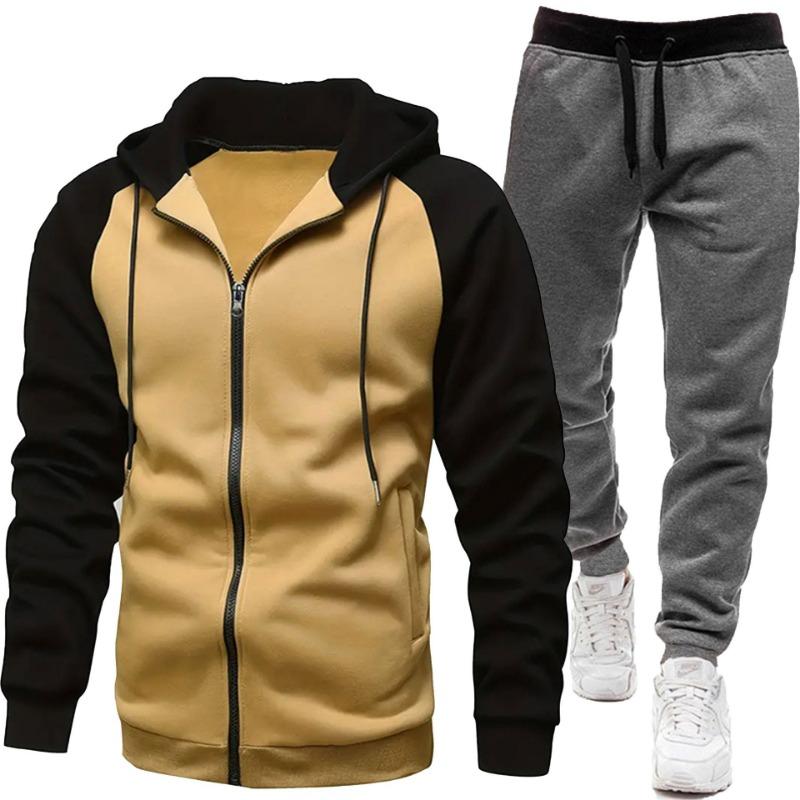 Men's Fashion Color Blocked Coat Long Sleeve Casual Sports Set Men's Top Pants