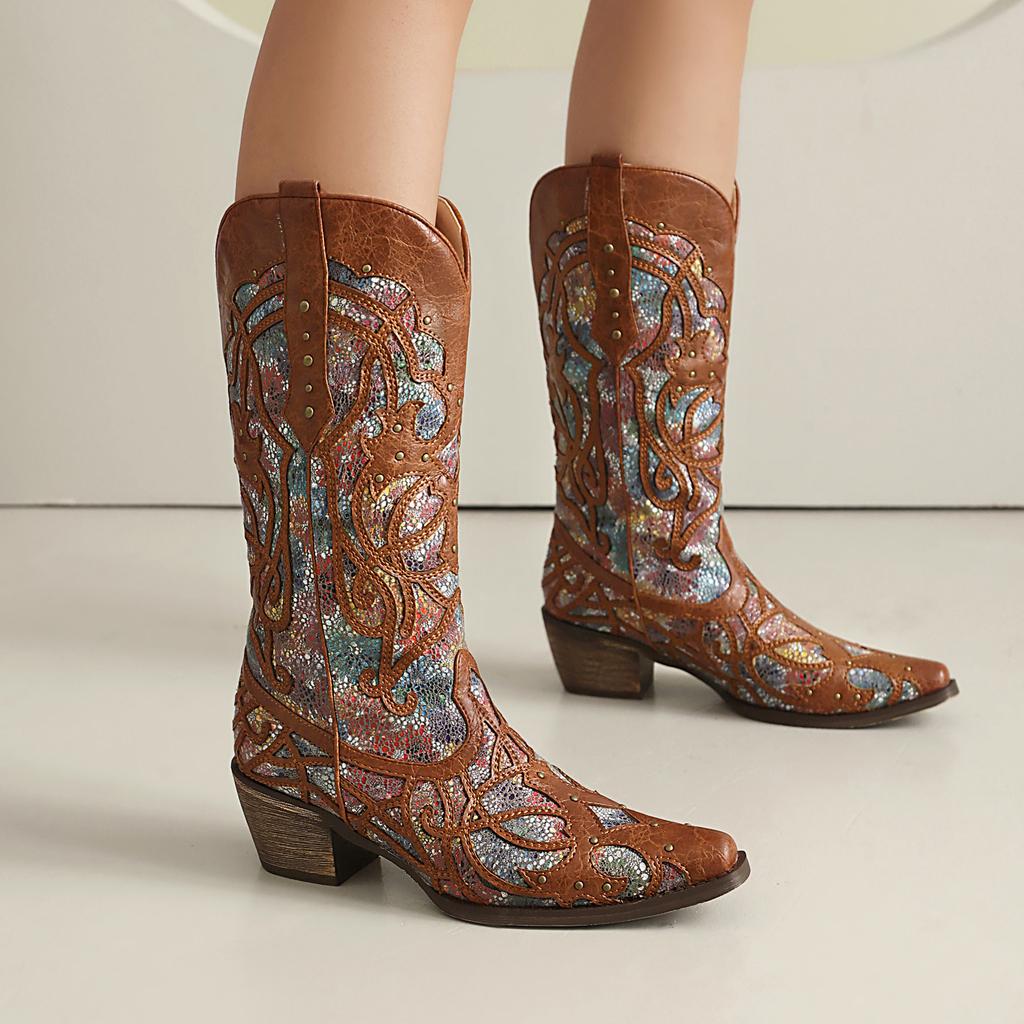 Cowboy Retro Western Boots Women's Hollow Out Mid Calf Boots Cowgirls Handmade Sewing Rivets Decor Heels Shoes