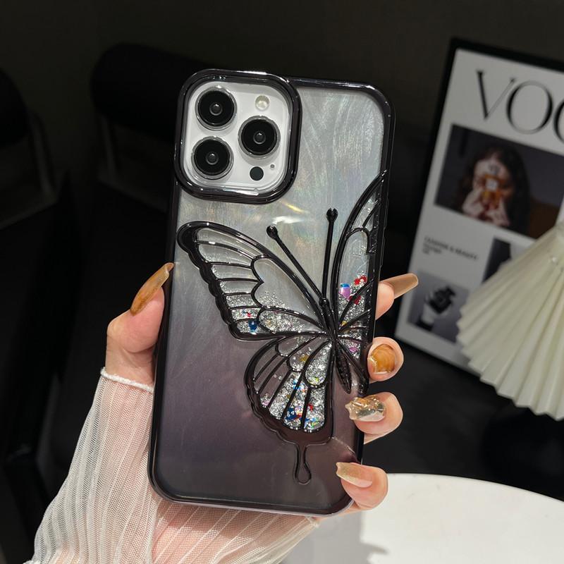 Чехол для мобильного телефона IPhone16proMax с трехмерной бабочкой из зыбучих песков, с гальваническим покрытием, с градиентным защитным чехлом Apple 15 с перьями и песком