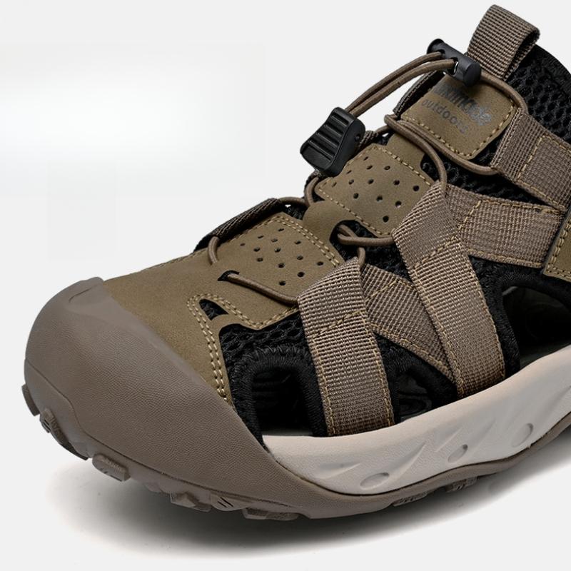 Summer Men's Hollow Leather Beach Sandals Toe Cap Outdoor Sports Shoes Handmade Mesh Shoes