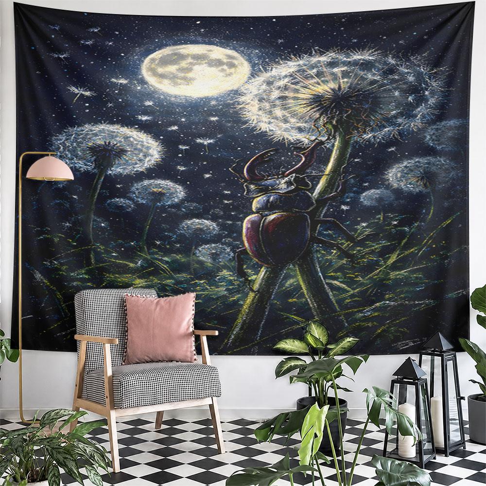 Stag Beetle and Dandelions Under Moonlight Pattern Wall Hanging Tapestry Decorative Tapestry Home Decor for Bedroom and Living Room