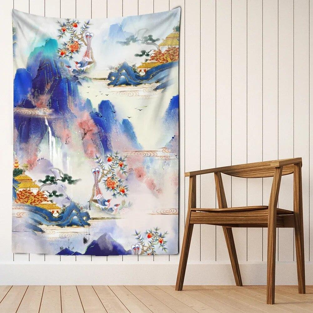 Chinese Lotus Tapestry Wall Hanging Psychedelic Hippie Bohemian Style Art Painting Bedroom Living Room Home Decor