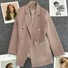 Женские костюмы, пиджаки на весну и осень, корейская мода, пальто, британские формальные деловые пиджаки, повседневный двубортный бежевый пиджак
