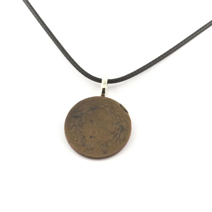 Pierres et Minéraux. Collier pièce de monnaie Portugal 10 réis - Charles Ier Cordon noir.
