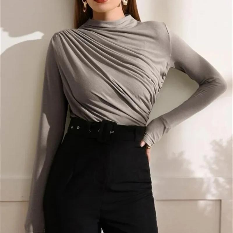 Autumn Women Long Sleeve Elastic Pure Color Going Out Tops Ruched Fashion Elegant Softy Slim Crop Top
