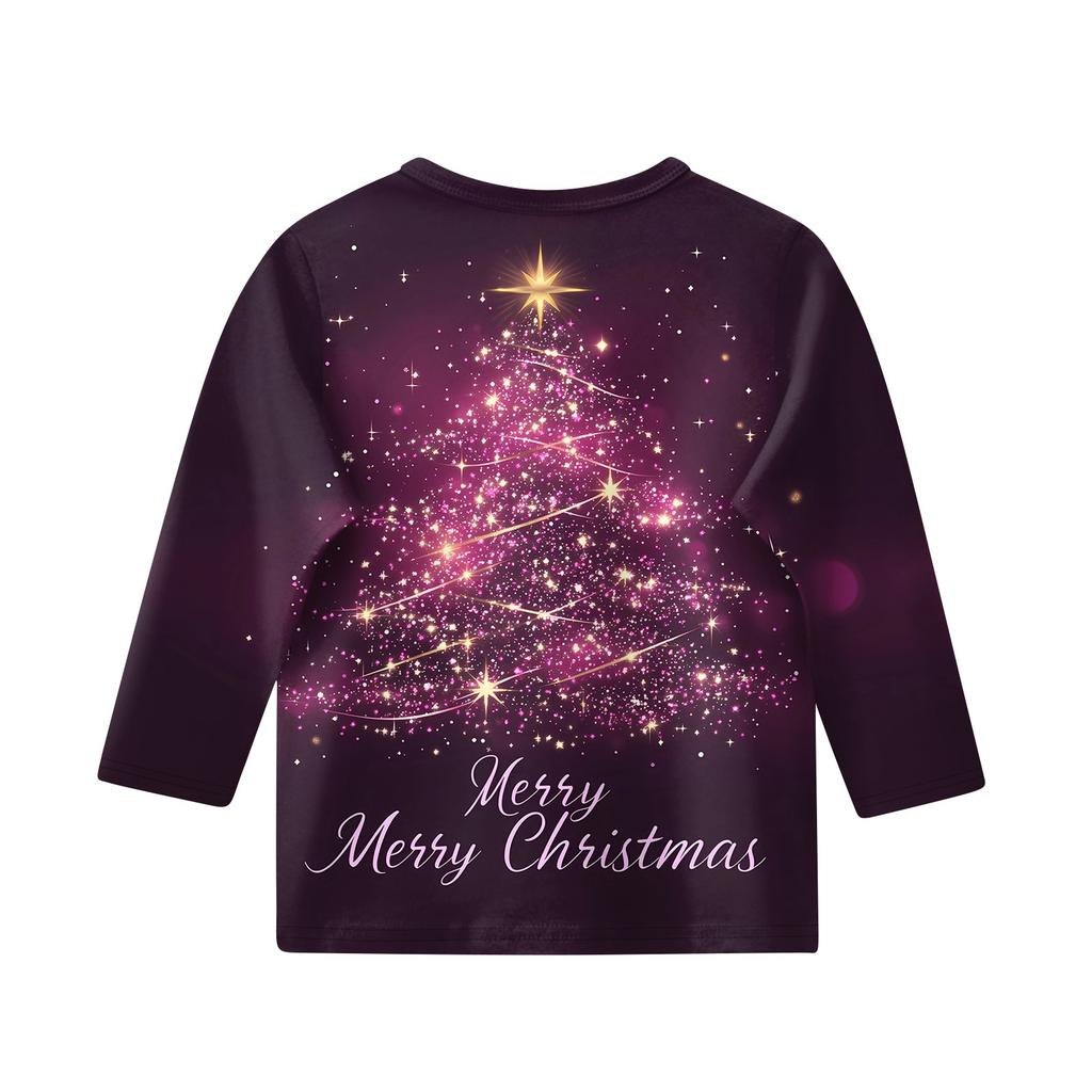 Children's 3/4 Sleeve Tops Casual Christmas Print T Shirt Round Neck Pullover Blouse