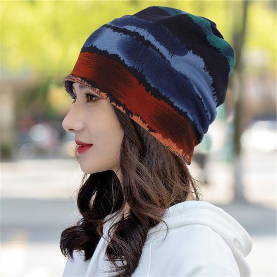 Unsiex Fall Winter Hat Striped Color Matching Elastic No Brim Regular Fit Baggy Ear Protection Anti-shrink Soft Decorative Hip Hop Women Men
