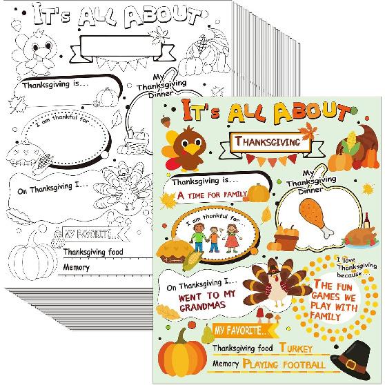 AmazingSpark 60 Pcs Thanksgiving Coloring Craft for Kids 13 x 11 Inch All About Thanksgiving Posters Storytelling to Color Paper Activities for