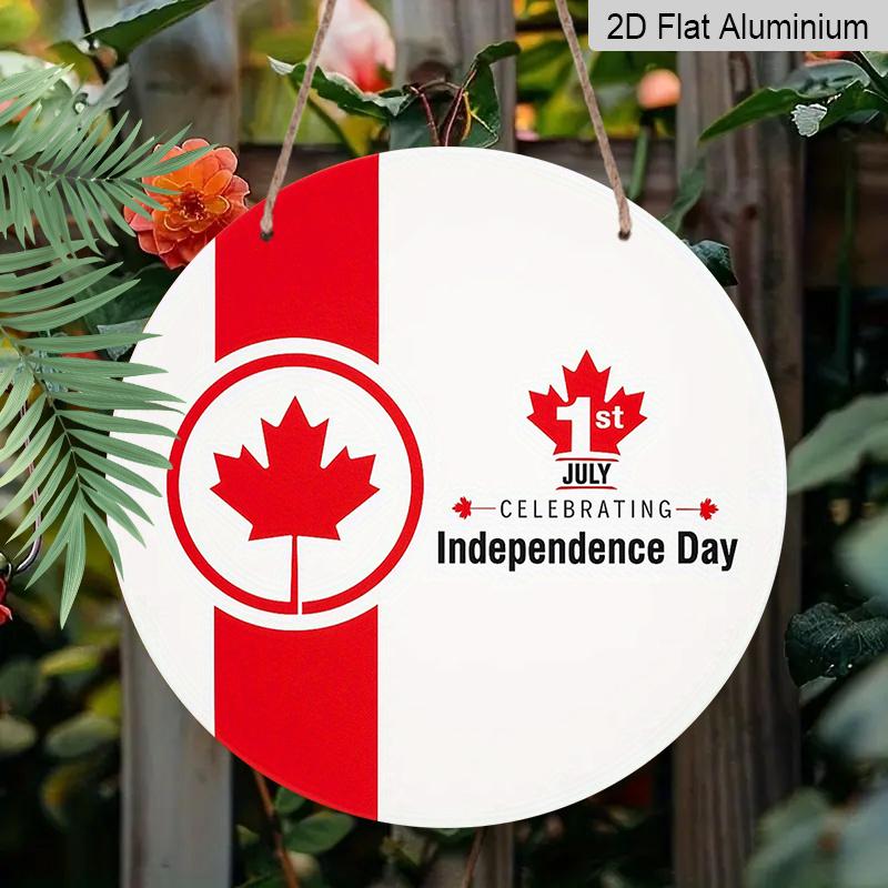 2D Flat, 1pc Patriotic Canada Day Round Aluminum Metal Sign, July 1st Independence Day Maple Leaf & Flag Design, Durable & Weatherproof Wall Decor