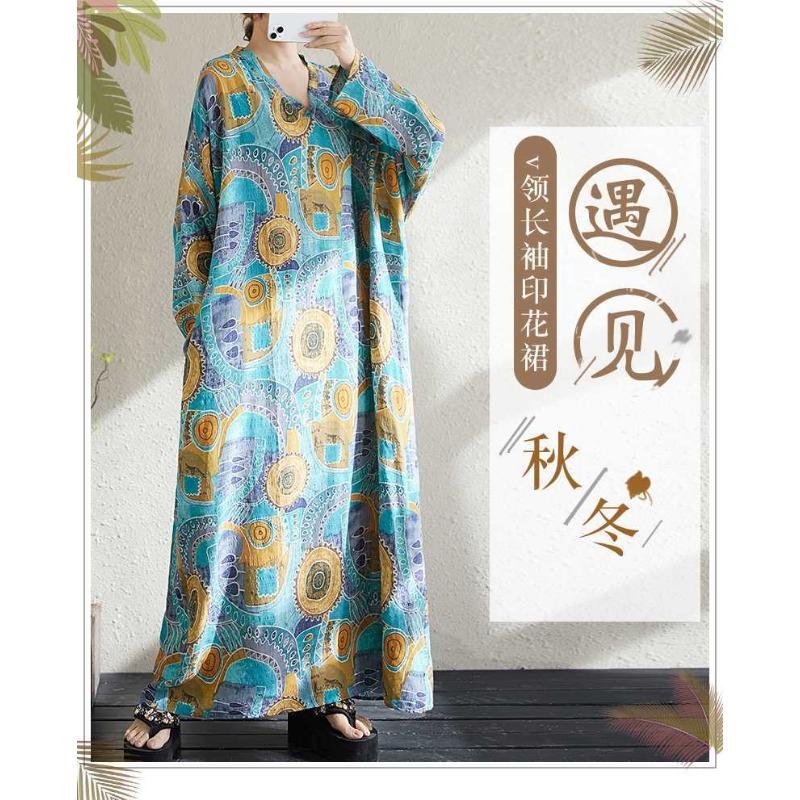 Новые свободные платья больших размеров с V-образным вырезом и длинными рукавами в простом стиле для отпуска для женщин