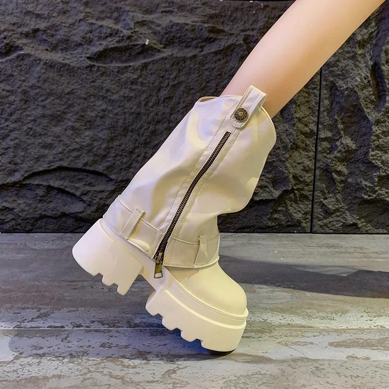 6CM Soft Leather Ankle Mid Calf Boots Winter Autumn High Platform Wedge Modern Booties Woman New Ladies Chunky Motorcycle Boots