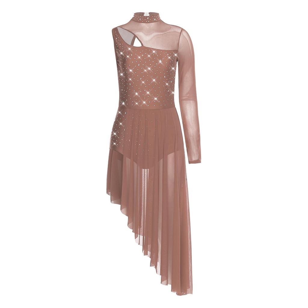 Womens Asymmetrical Lyrical Dance Dress Mock Neck Cutout Sheer Mesh Shiny Rhinestones Performance Costume