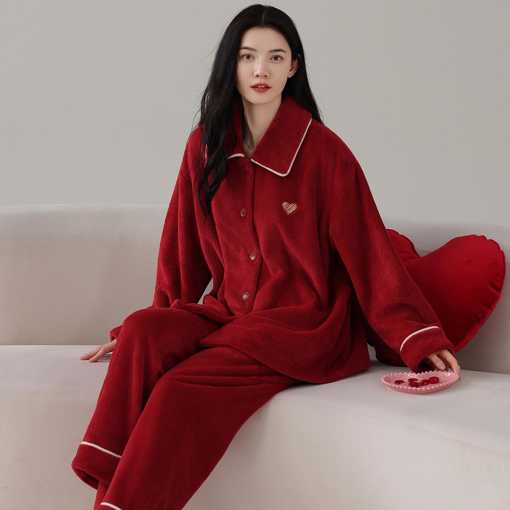 Красная свадебная пижама из кораллового флиса, костюм для пары молодоженов, осенне-зимняя утолщенная фланелевая пижама, новогодняя домашняя одежда для мужчин и женщин