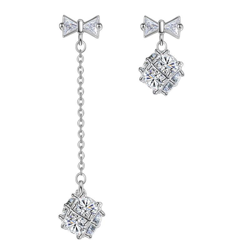 Womens Korean Fashion 925 Silver Plated Anti-allergy Square Zircon Crystal Rubik's Cube Candy Bows Dangle Drop Earrings Female Ear Jewelry Xmas Gift