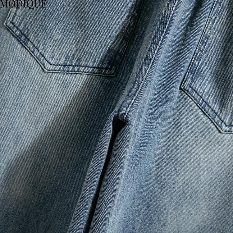 MODIQUE 2025 Новые летние женские свободные повседневные прямые джинсы серповидной формы, длинные классические эластичные однотонные синие джинсы