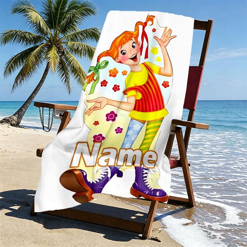 Custom Name Personalized Pippi Longstocking Print Beach Towel, for Trip Camping Beach Party Home Decor, Birthday Gift for Family & Friends