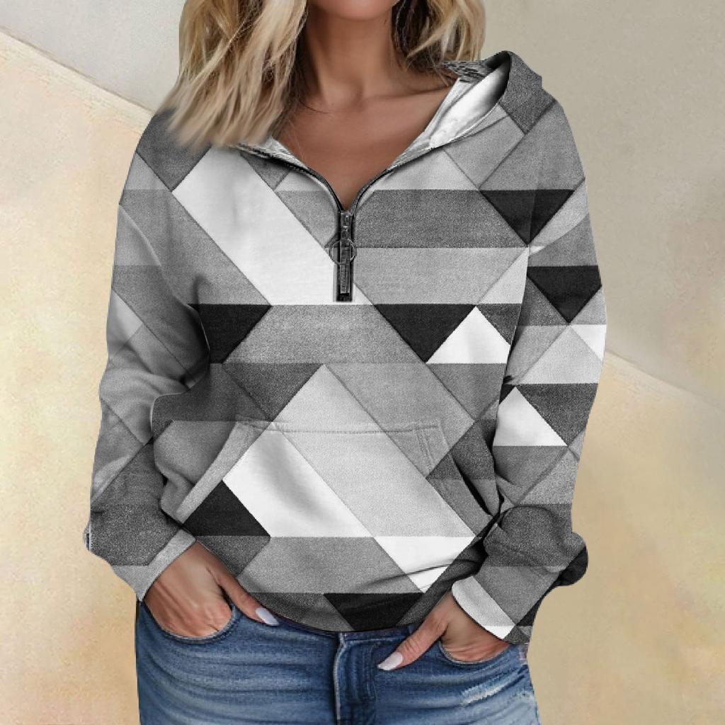 Women's Fashion Printing Long Sleeve Loose Half Zippered Hoodie With Pockets