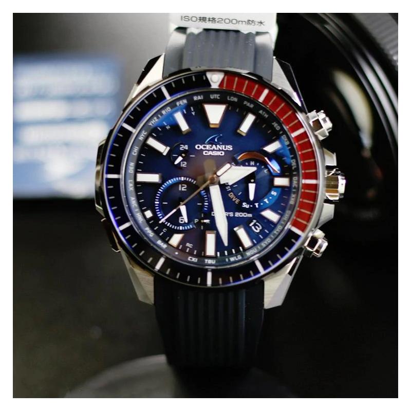 Casio Серия OCEANUS-Дисковая Многофункциональная Серия Указателей CACHALOT Дайверские Солнечные Часы Функция Bluetooth Солнечный Механизм Ремешок из Смолы OCW-P2000C-2A