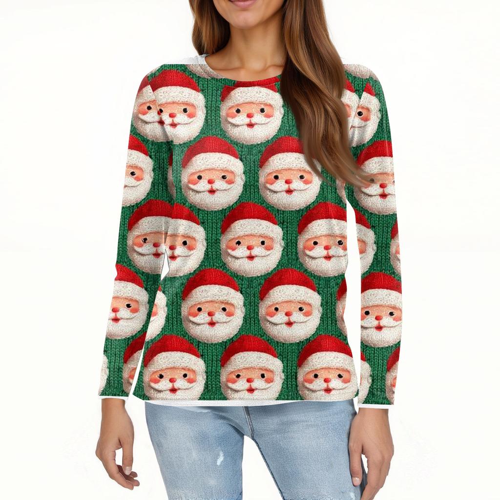 Women's Fashion Hem Slit Casual Christmas Printed Round Neck Long Sleeve Top