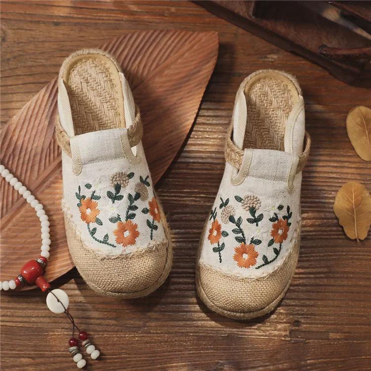 2025 Вышитые балетки: Весна, лето, осень Женская повседневная обувь из льна в национальном стиле