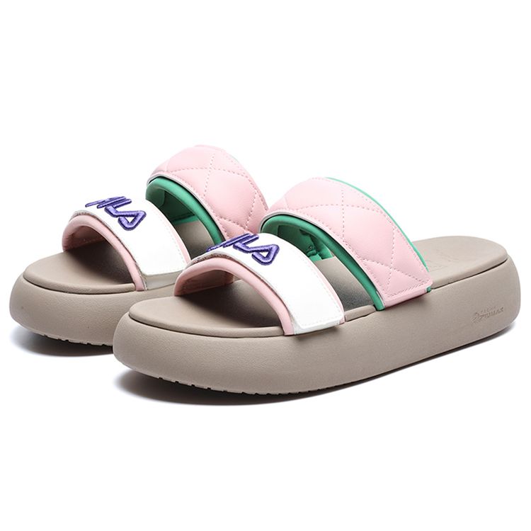Fila Donut Fashion Versatile Thick Sole Casual Velcro Antibacterial Slide Sandals Women Sandals White Silver Pink F12W221503FGS