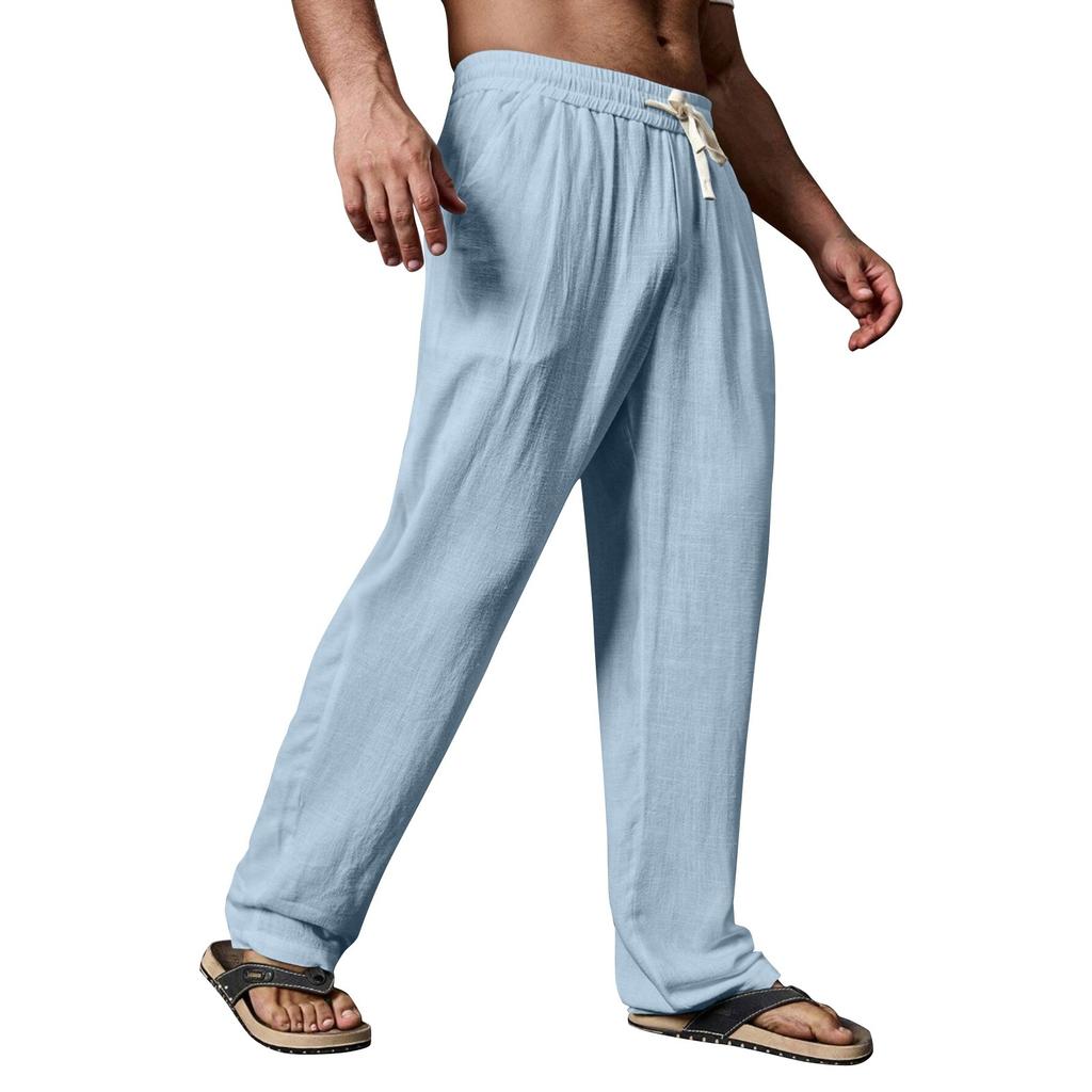 Мужские летние повседневные брюки на шнурке Мужские дышащие брюки из хлопка и льна