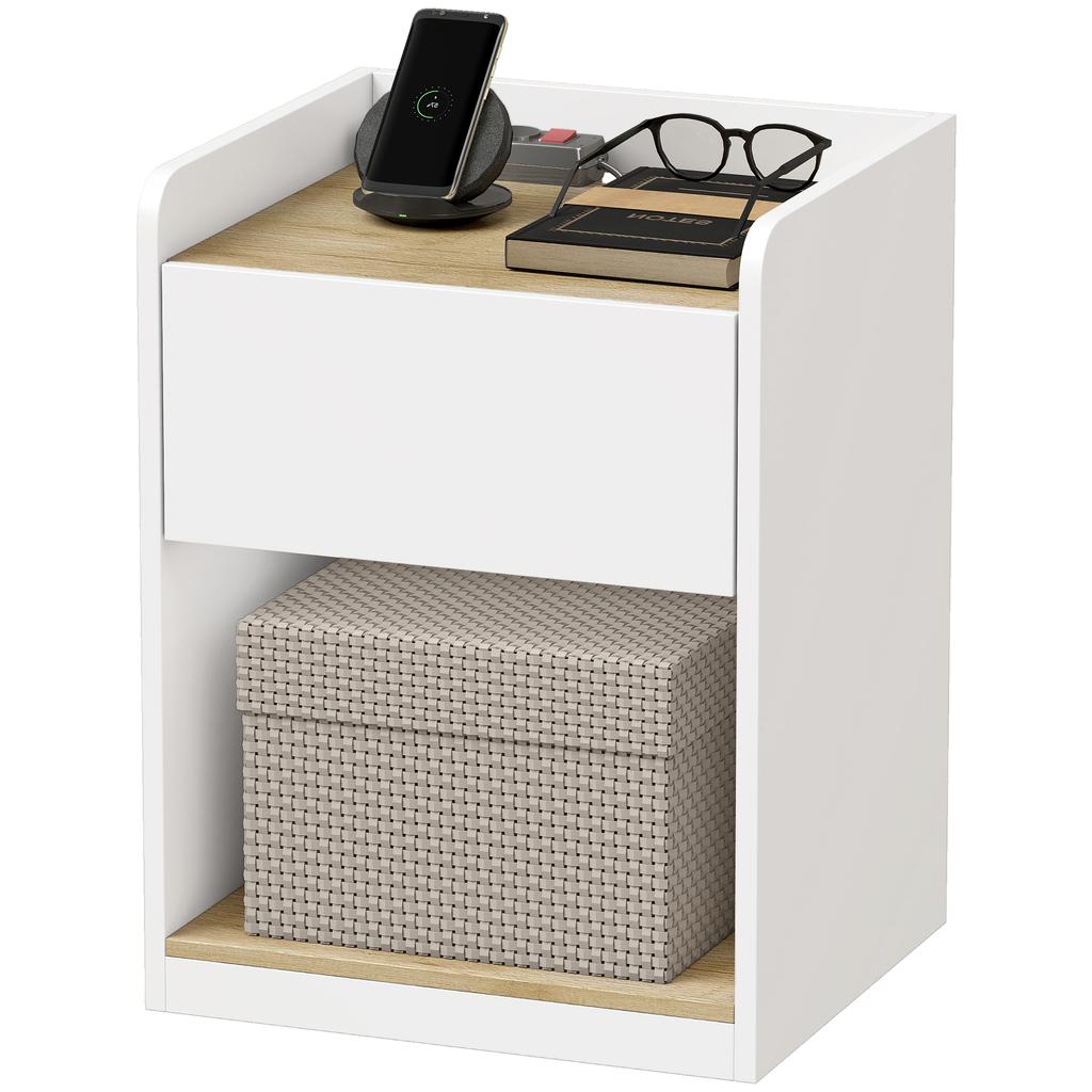 Modern Bedside Table, Slim Nightstand with Drawer, Shelf and Cable Holes, White and Oak