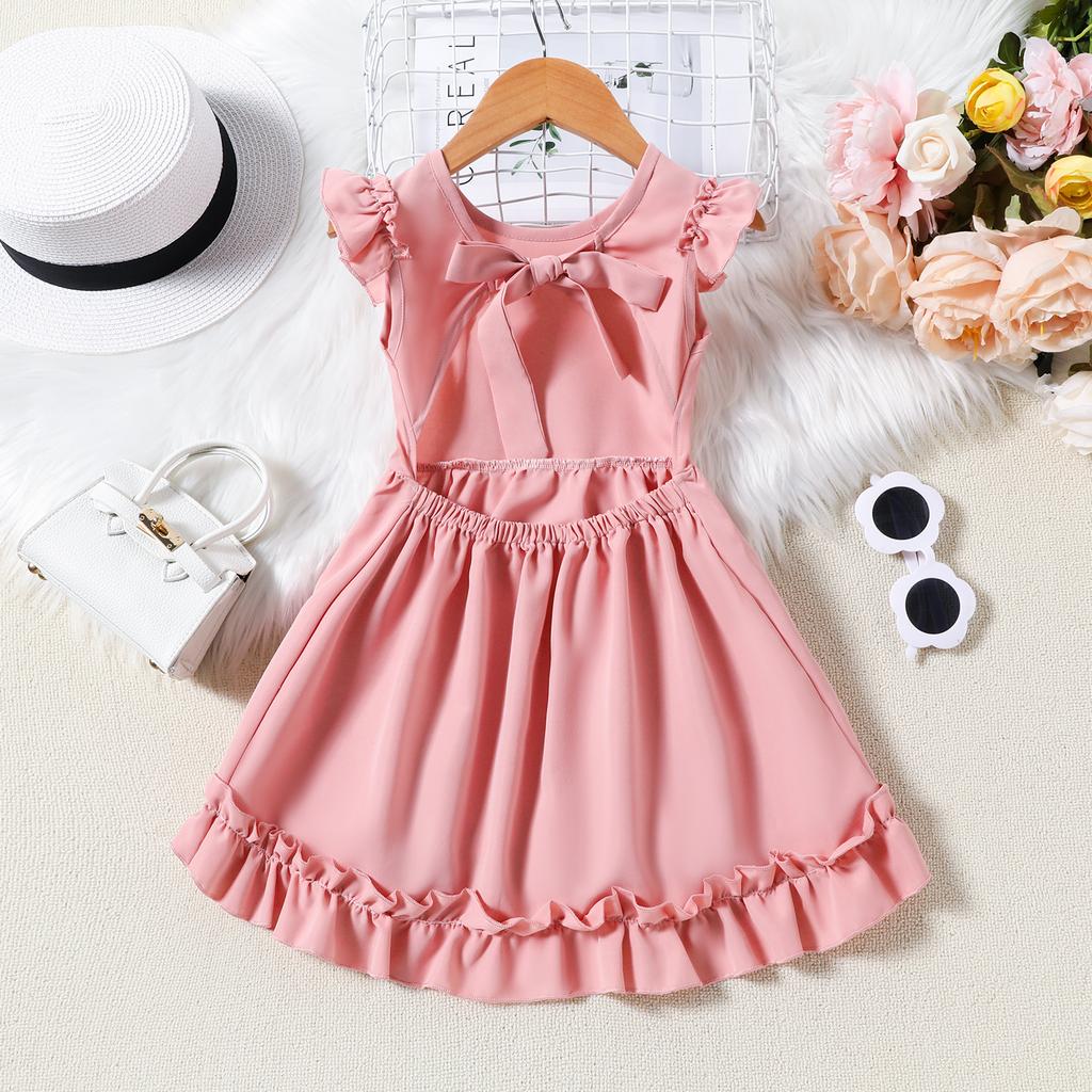 Children Clothing Girls Summer Solid Color Backless Bow Dress Princess Daily Casual Dresses for 2-7 Years Old