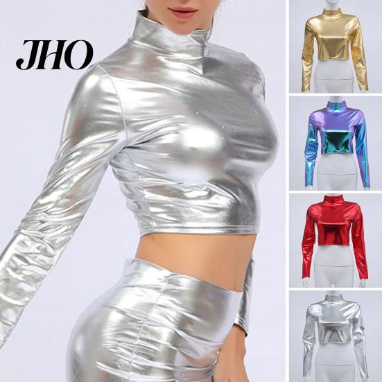 Women Top Club Glossy Faux Leather Half-high Collar Solid Color Waist-exposed Long Crop Sleeve Skinny Pullover Elastic Nightclub Stage Show