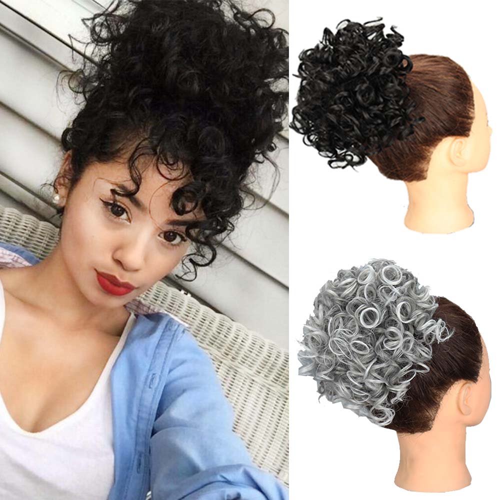 MISS WIG Синтетические черные волосы в виде булочек, парик, вьющиеся накладные заколки для волос в хвостиках для женщин, короткие синтетические булочки на шнурке, хвостик