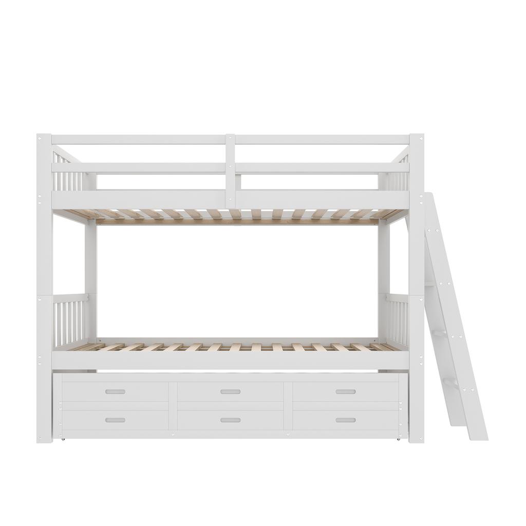 =(WX000121AAK)Bunk Bed 90x200cm, House Bed, Frame of Pine Wood and MDF with Ladder and Pull-Out Bed and 3 Drawers, Without Mattress, White