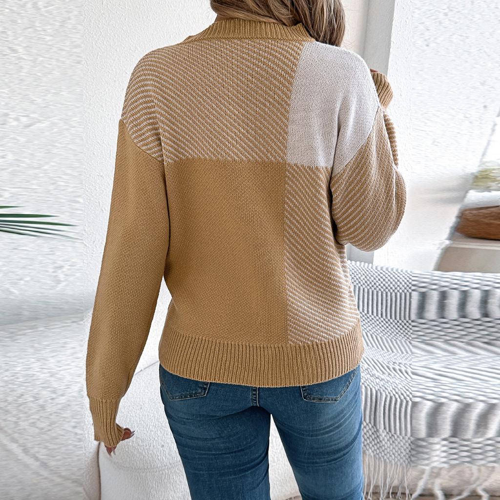 Женский модный повседневный пуловер с контрастным клетчатым узором и длинными рукавами