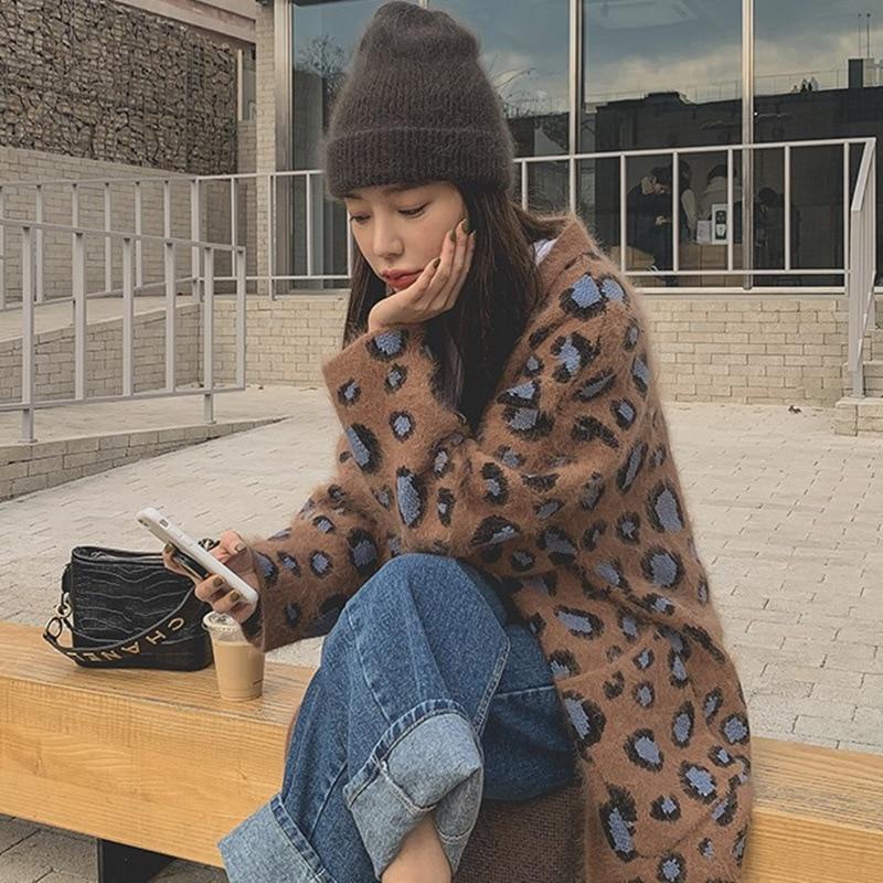 Johnature леопардовые вязаные женские корейские свободные длинные пальто осень-зима кардиган теплые женские тренчи