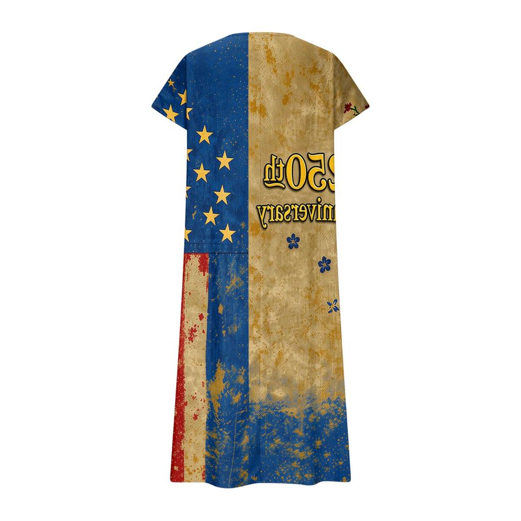 Women’s V Neck Short Sleeve Maxi Dress with 1776 America Print Gradient Hem and Floral Graphic Casual Loose Fit