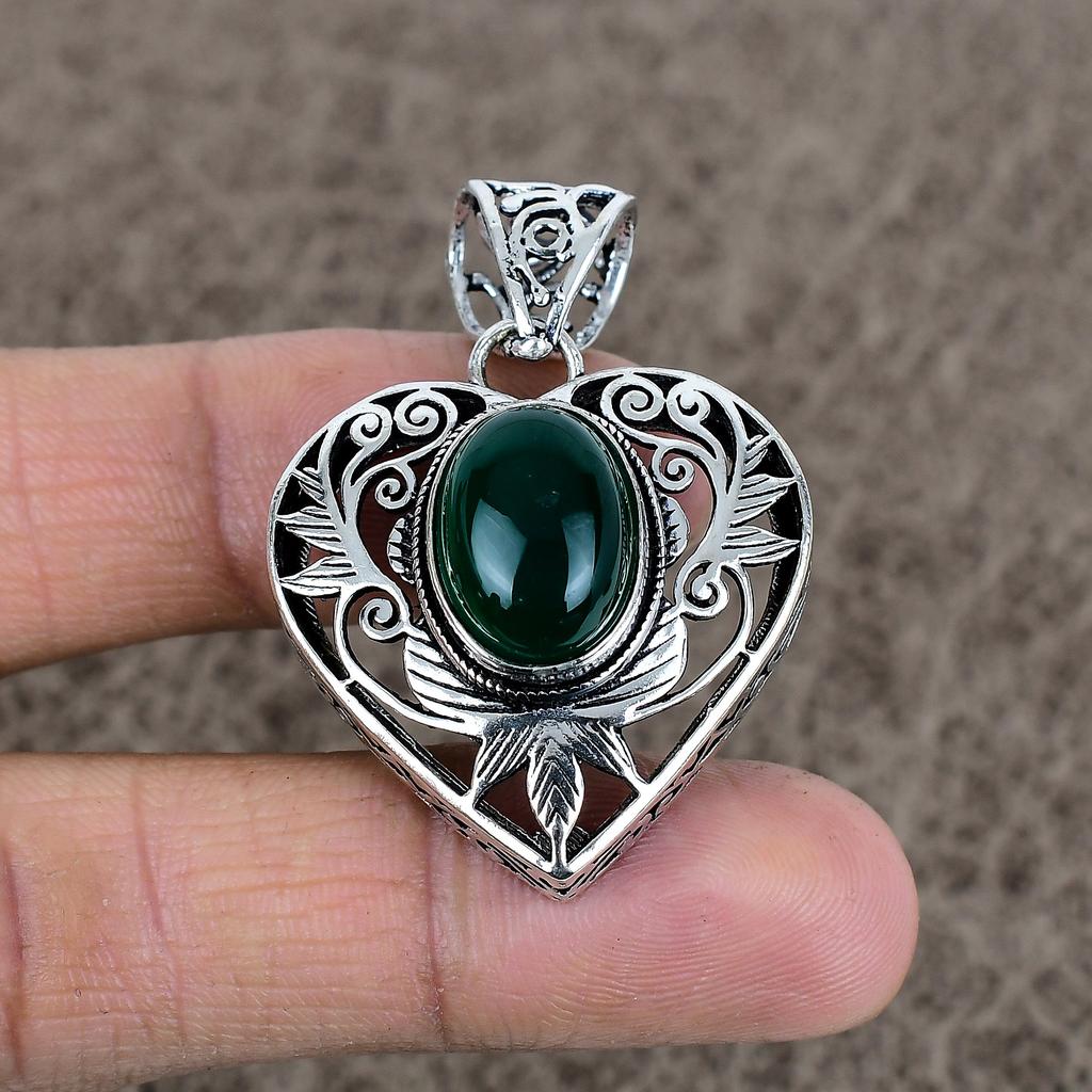 Green Onyx Gemstone Handmade 925 Sterling Silver Jewelry Pendant 1.77" KKG-6