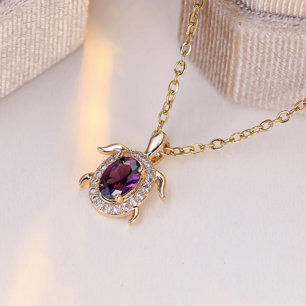 Милое фиолетовое овальное ожерелье с подвеской в виде черепахи из циркона для женщин, модное ожерелье с цепочкой золотого цвета, ювелирные изделия с животными
