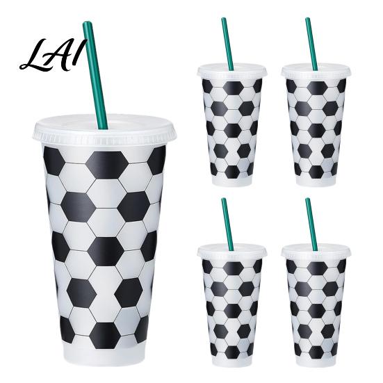 Fan Party Supplies Soccer Plastic Cup with Straw Football Shaped Cold Drink Tumbler Sports 710ml Capacity Reusable Soda for Game Day Large Sippy