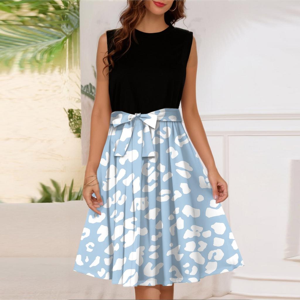 Женское модное повседневное короткое платье без рукавов со шнуровкой и круглым вырезом