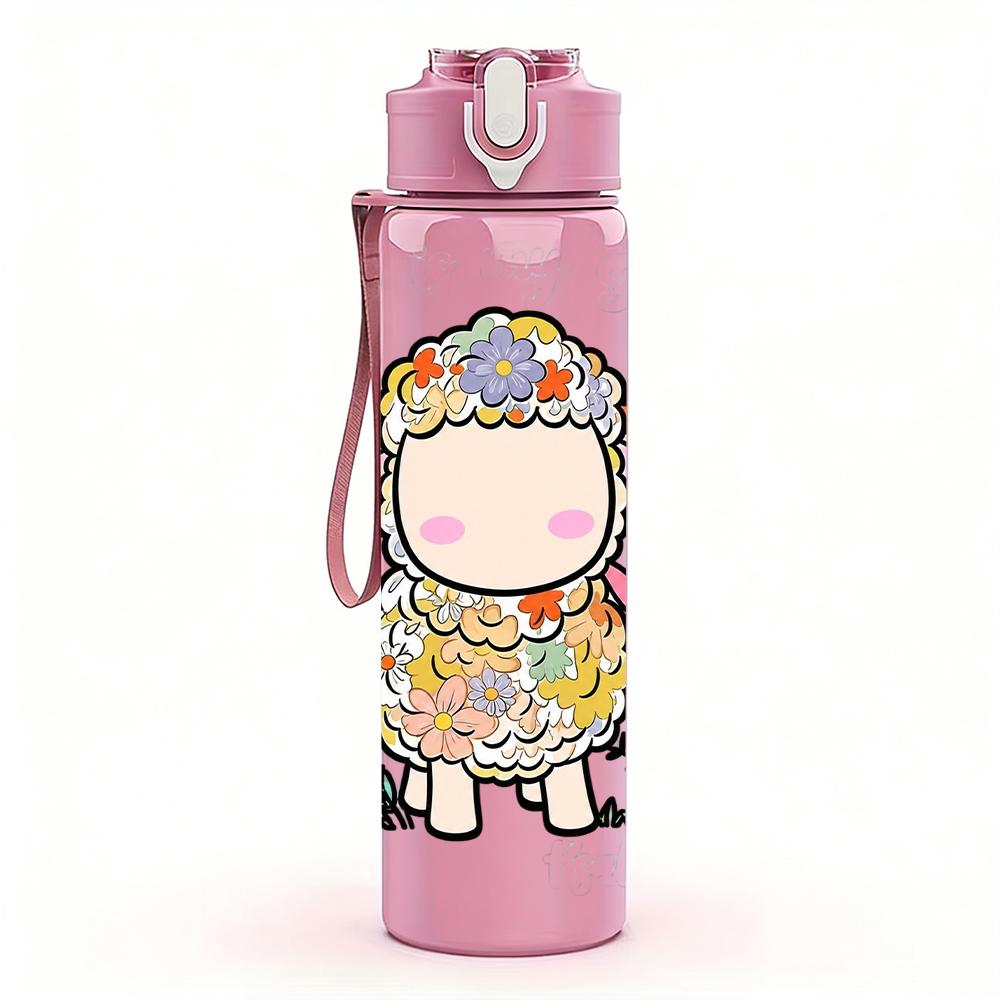1PC Floral Sheep Cartoon Graphic,750ml Color Plastic Sports Water Bottle,Leakproof Flip Straw Lid,Suitable for Sports Office Home Use