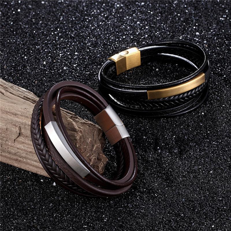 2026 Simple Men's Pipe Leather Bracelet European and American Simple Magnet Frosted Button Head