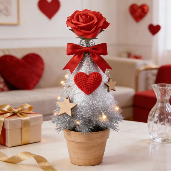 Верхушка для елки на День святого Валентина Красная роза Верхушка для елки со спиральной проволочной основой Романтическое украшение в виде розы для украшения мини-елок Праздничная вечеринка Домашний декор